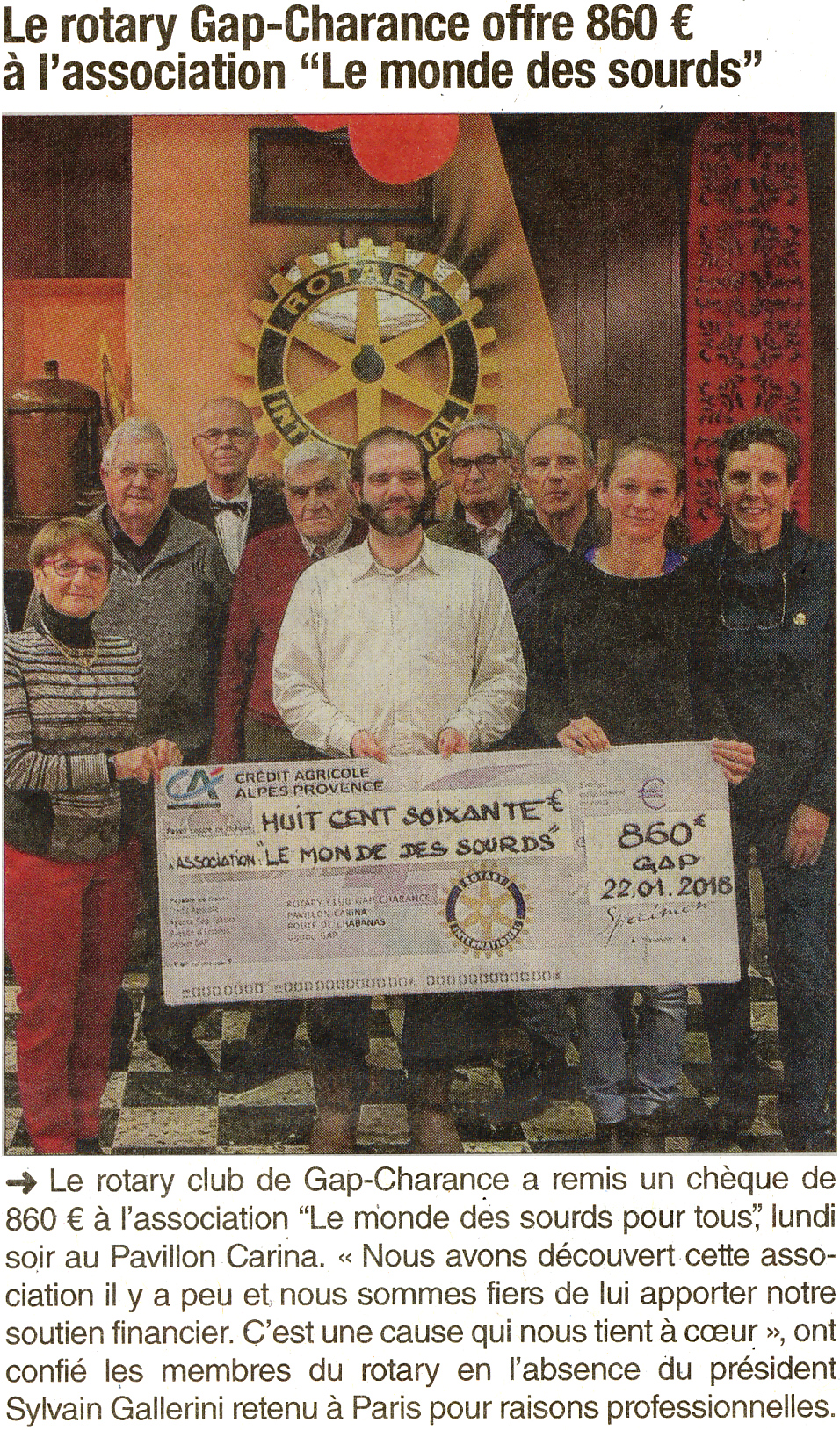 Dauphiné Libéré 20180120 Donation du Rotary Club Gap-Charance