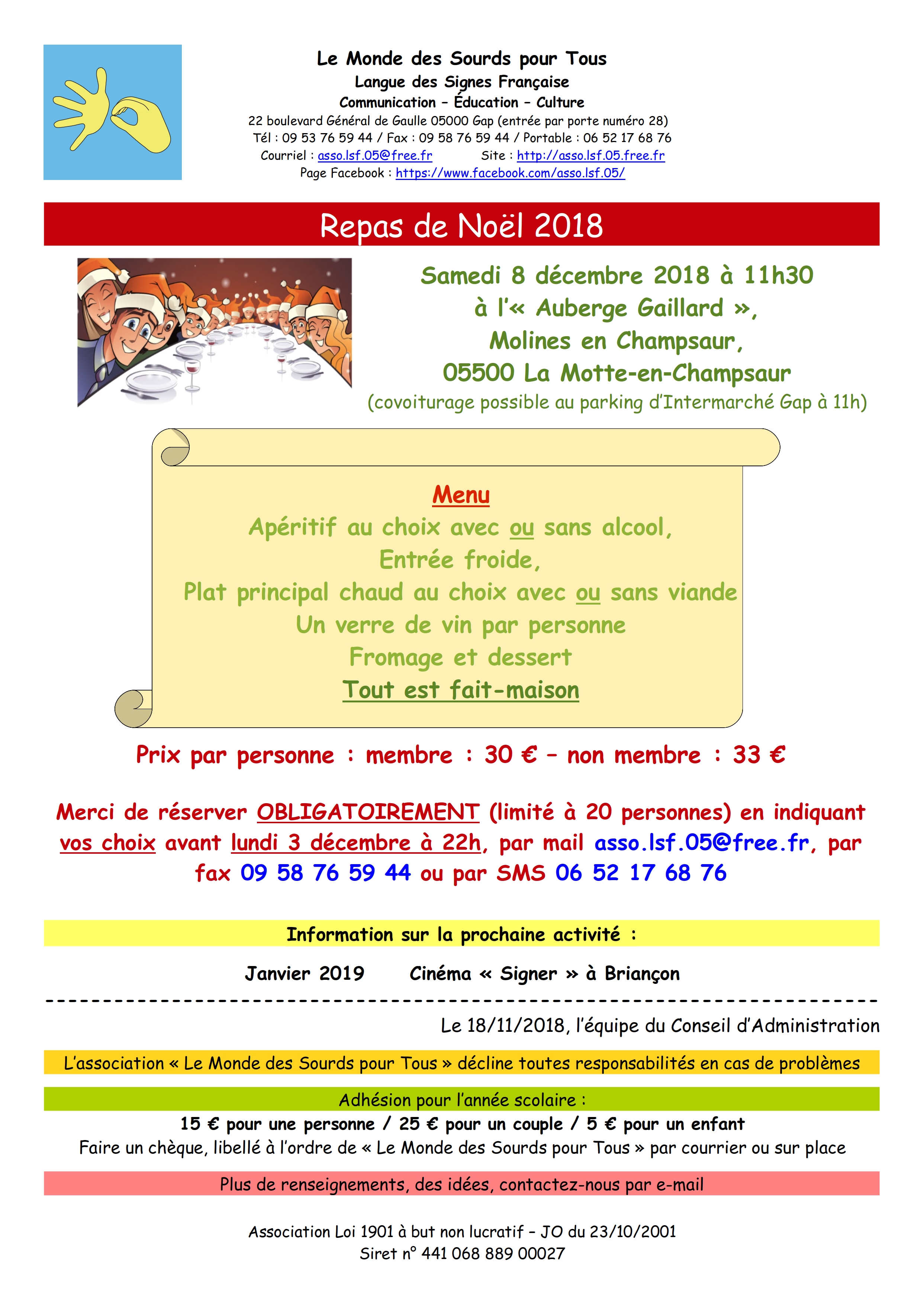 Repas de Noël 2018 de l'association Le Monde des Sourds pour Tous à l'Auberge Gaillard