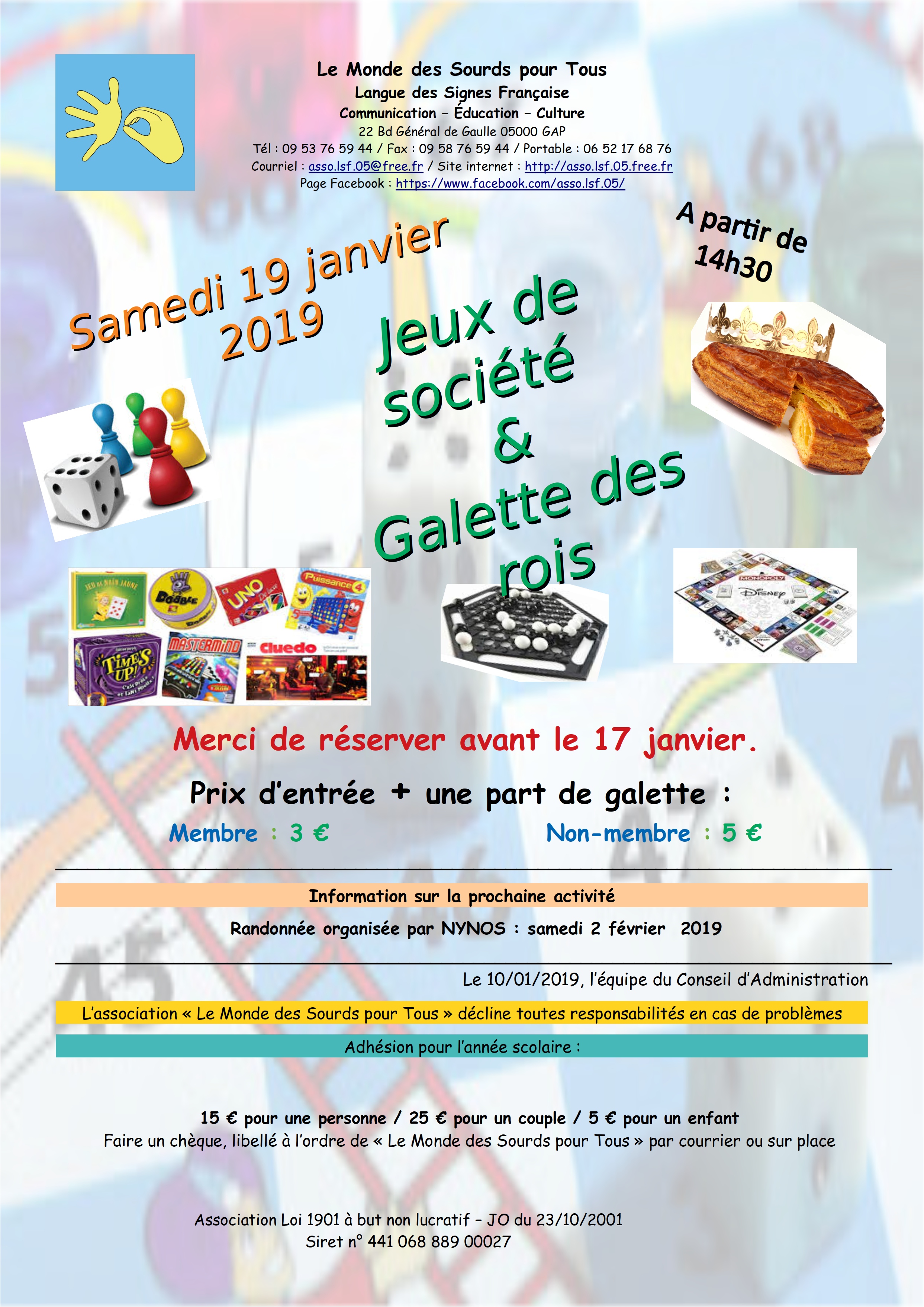 Affiche Jeux de société et Galette des Rois le samedi 19 janvier.