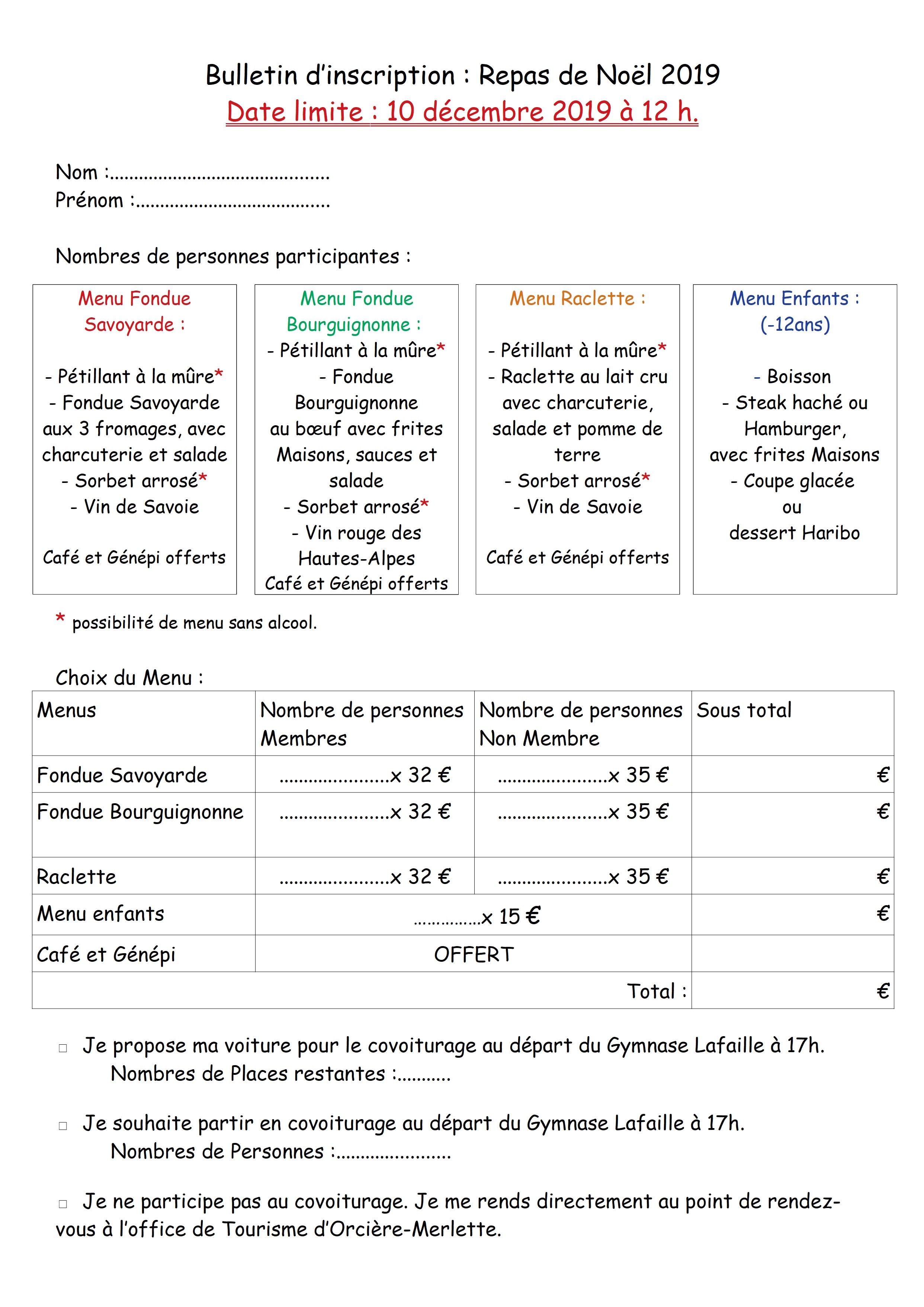 Fiche inscription Repas de Noël 2019