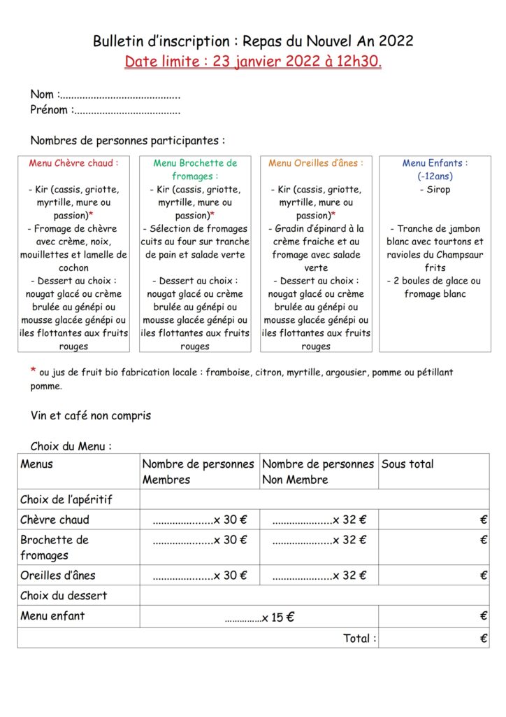 Inscription repas du Nouvel An 2022