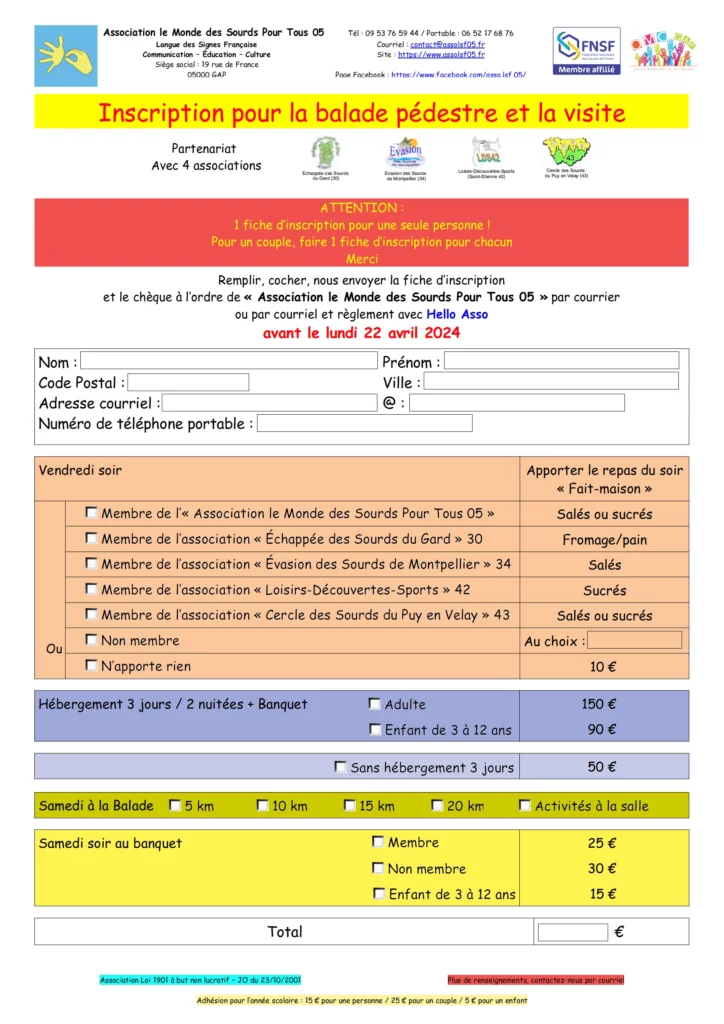 Fiche inscription balade pédestre juin 2024